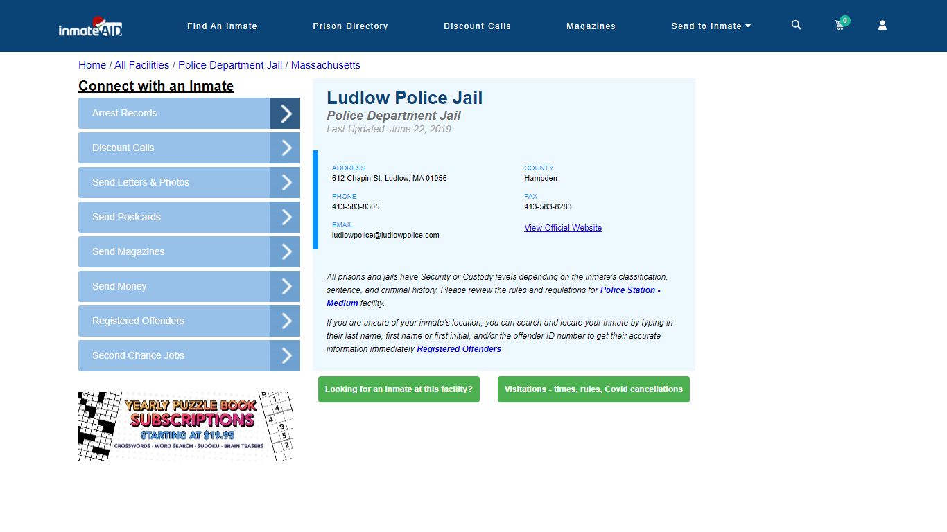 Ludlow Police Jail & Inmate Search - Ludlow, MA