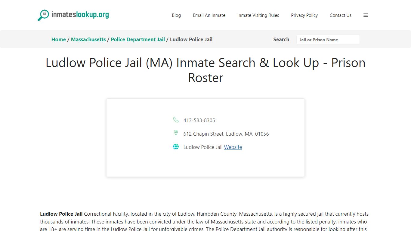 Ludlow Police Jail (MA) Inmate Search & Look Up - Prison Roster